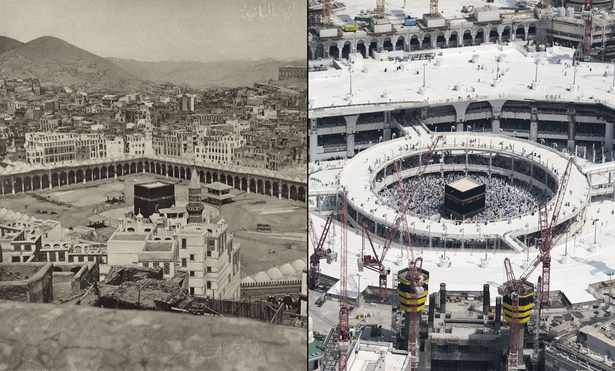 Left: A photograph of the Kaaba (center of photo) in the city of Mecca, cir...