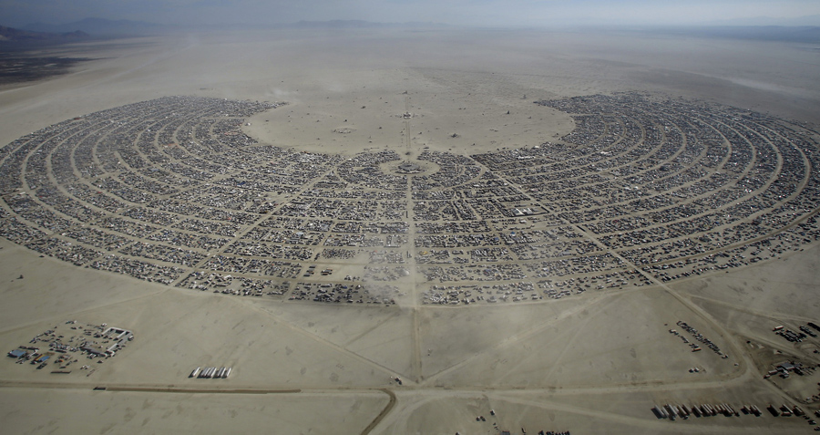   An aerial view of Burning Man 2015 in the Black Rock Desert of Nevada on September 2, 2015. By midweek the temporary city has taken form and is being filled in as more participants continue to arrive.  Jim Urquhart / Reuters