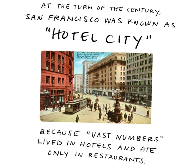At the turn of the century, San Francisco was known as "Hotel City" because "vast numbers" lived in hotels and ate only in restaurants.