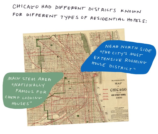 Chicago had different districts known for different types of residential hotels: Near North Side "the city's most extensive roominghouse district." Main stem area "nationally famous for cheap lodging houses."