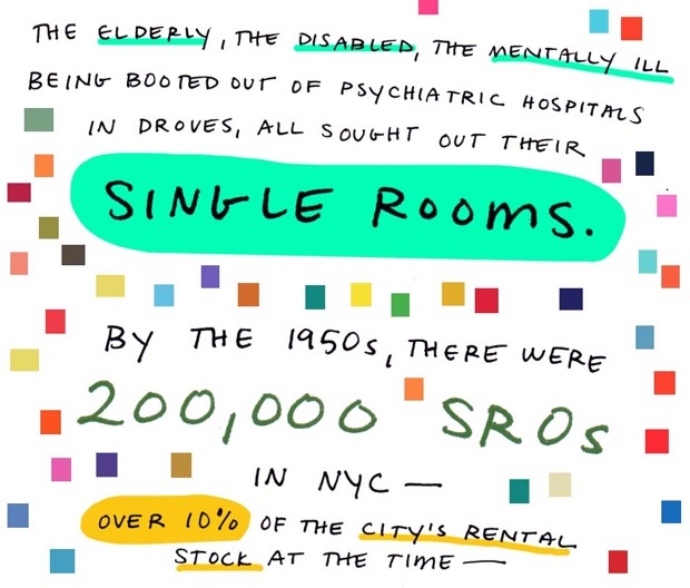 The elderly, disabled, the mentally ill being booted out of pyschiatric hospitals in droves, all sought out their single rooms. By the 1950s, there were 200,000 SROs in NYC - over 10% of the city's rental stock at the time -