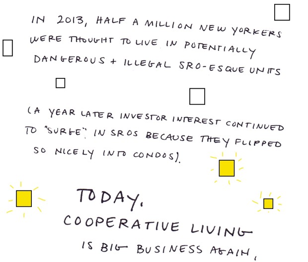 In 2013, half a million New Yorkers were thought to live in potentially dangerous and illegal SRO-esuqe units (a year later investor interest continued to "surge" in SROs because they flipped so nicely into condos). Today, cooperative living is big business again,