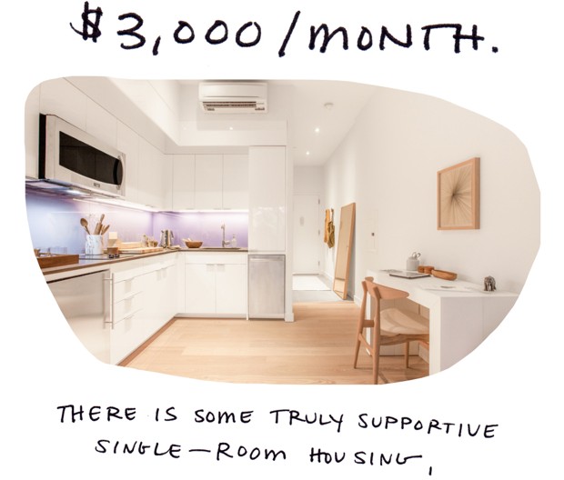 $3,000/month. There is some truly supportive single-room housing,