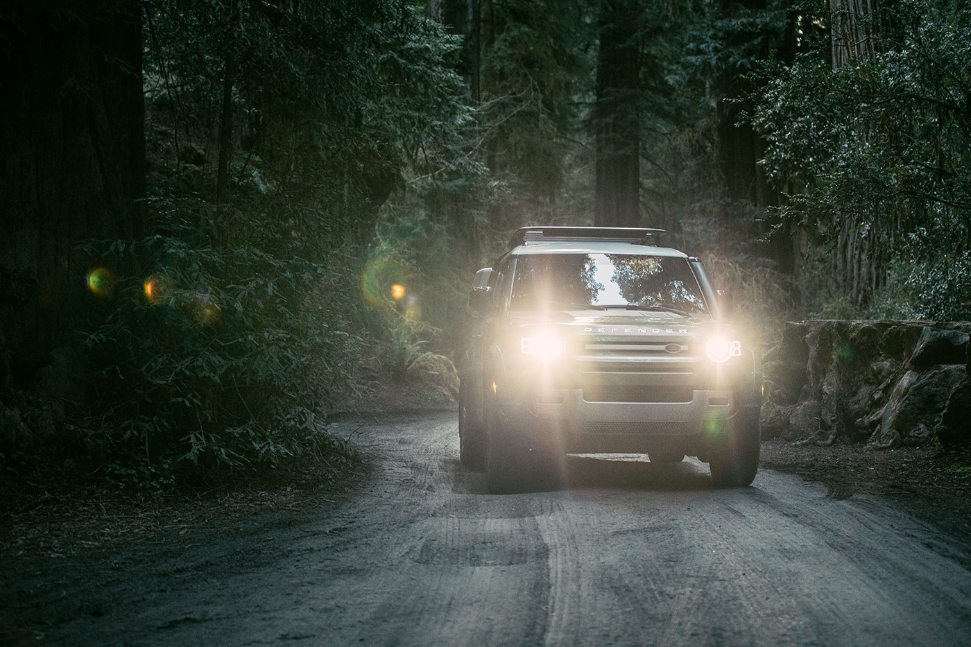 The new 2020 Land Rover Defender 110 in Jedediah Smith Redwoods State Park in Northern California