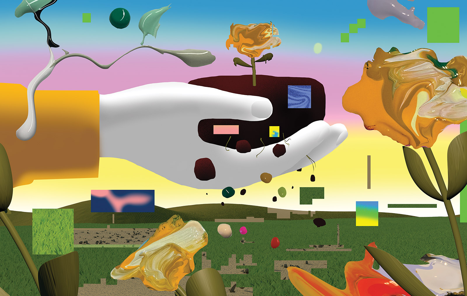 Abstract illustrated hand holding AI-assisted plant in front of a field