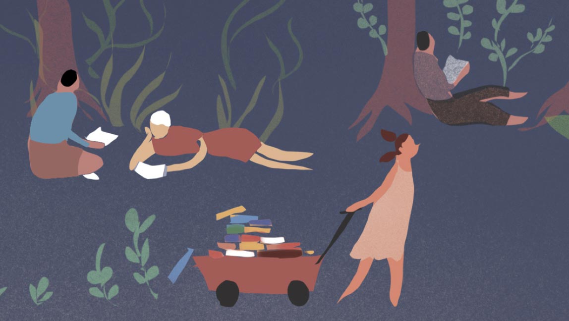 Illustration of people reading books outside