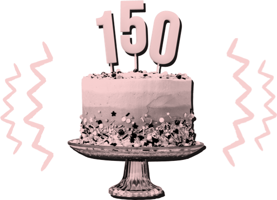 Birthday cake with candles celebrating 150 years