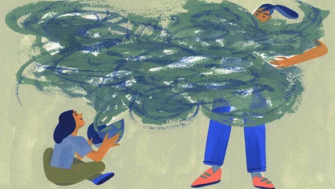 Illustration of girl opening Pandora’s Box from globe