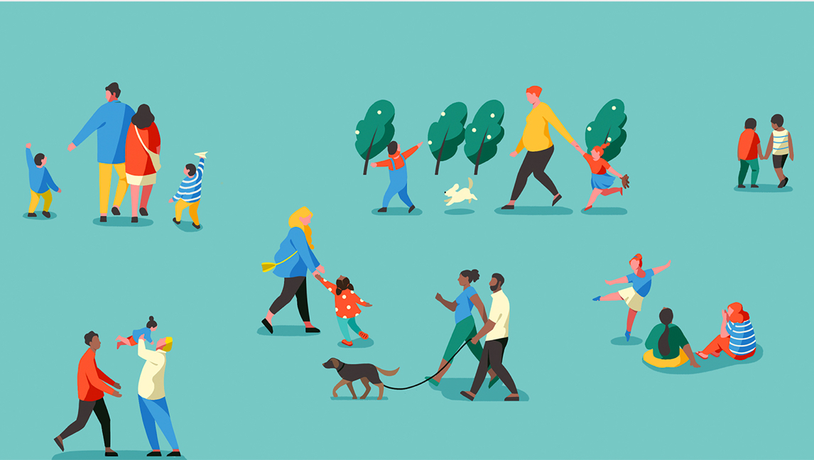 Illustration of families, parents, children, and pets walking
