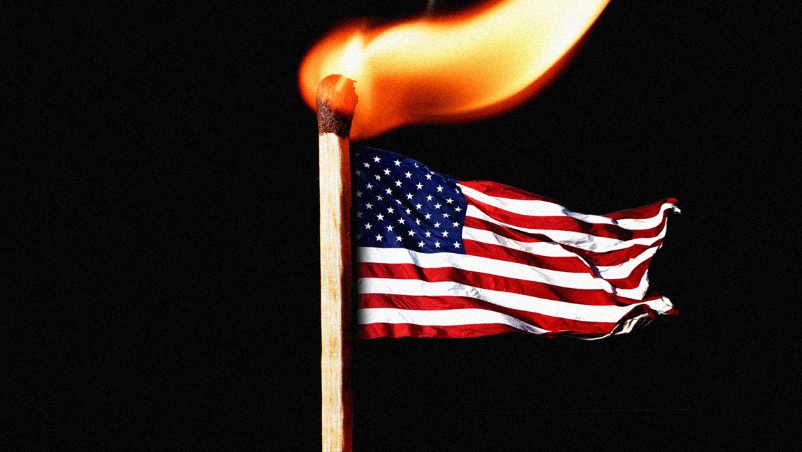 American flag raised on burning match