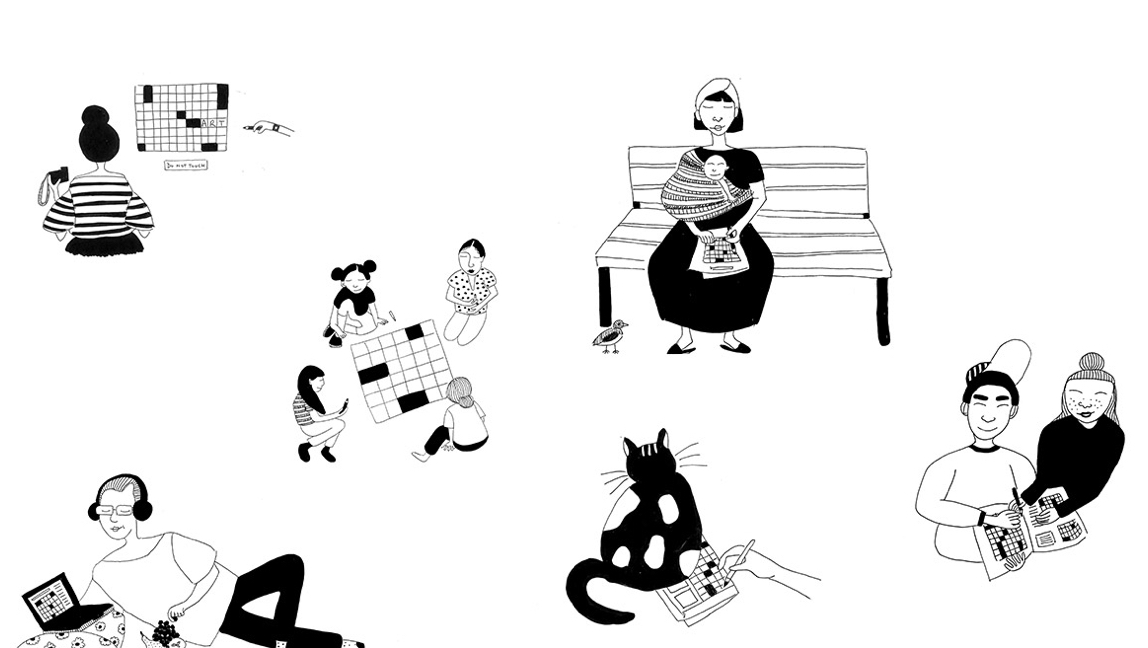Illustration of people playing crossword puzzles
