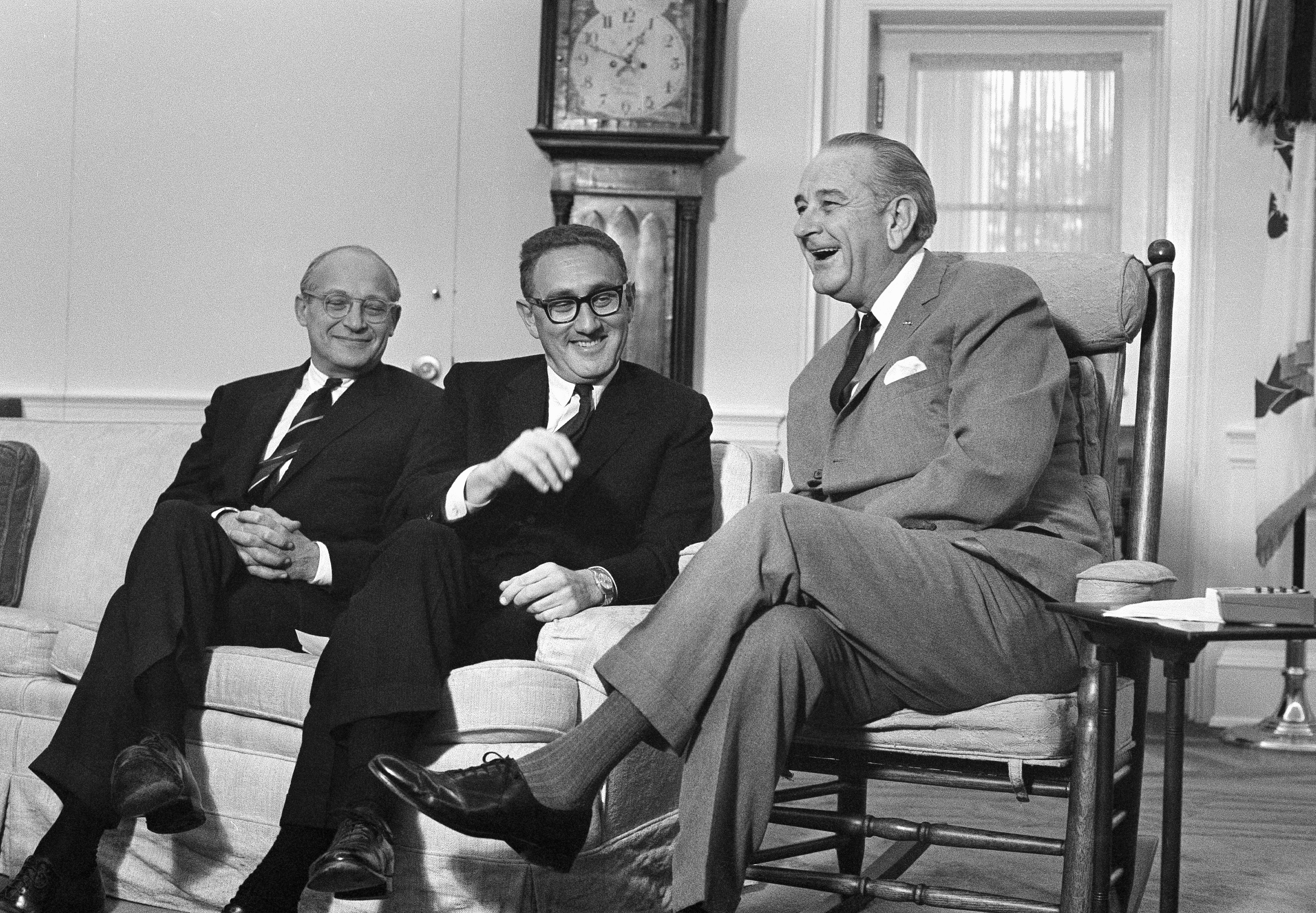 Kissinger confers with President Lyndon Johnson not long after being appointed to Richard Nixon’s national-security team. December 5, 1968. (Associated Press)