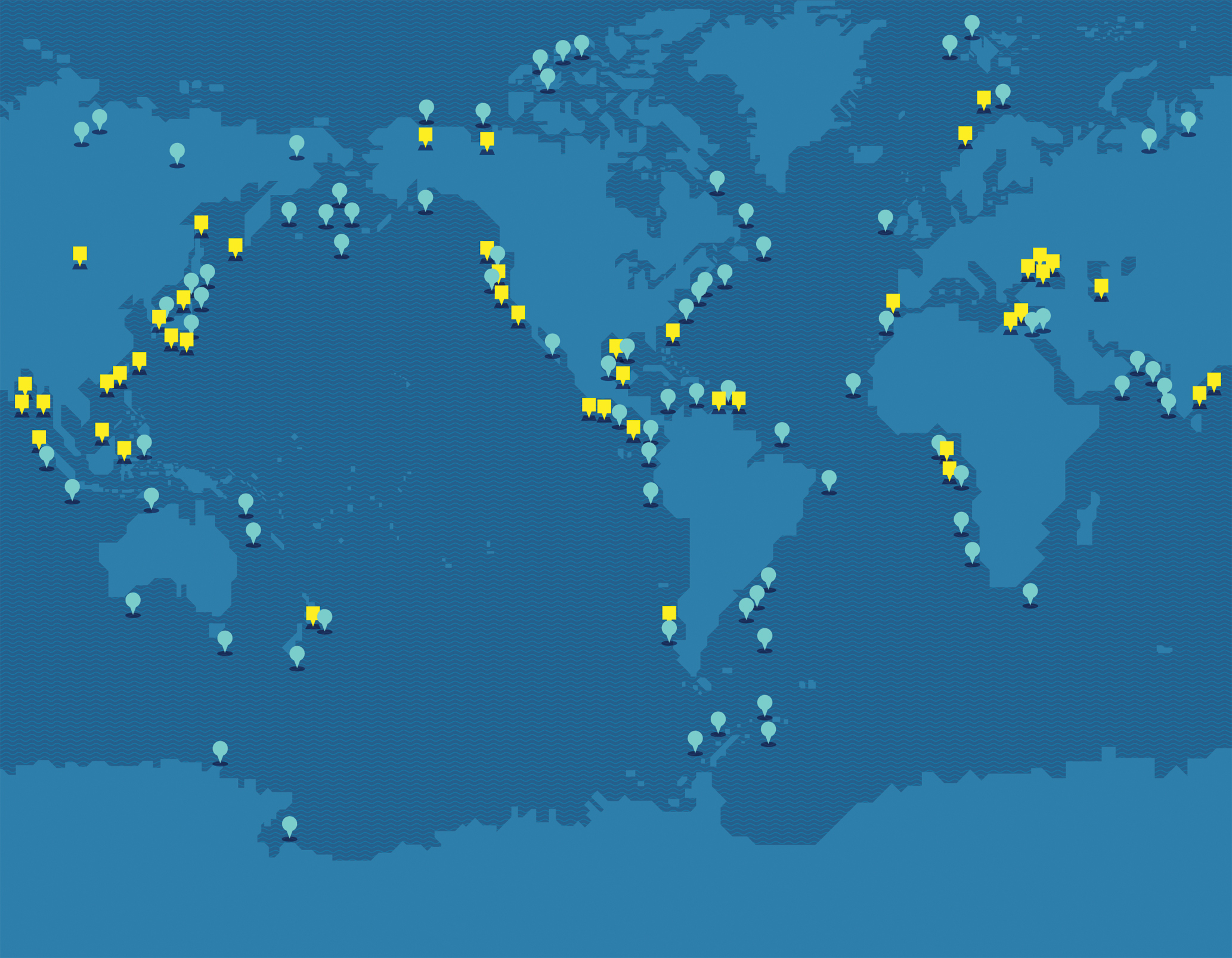 Stored mostly in broad, shallow layers beneath the seafloor, methane hydrate is, by some estimates, twice as abundant as all other fossil  fuels combined. The yellow squares show where methane hydrate has already been recovered; the blue dots, where it is thought to exist. (Map by Alice Cho)