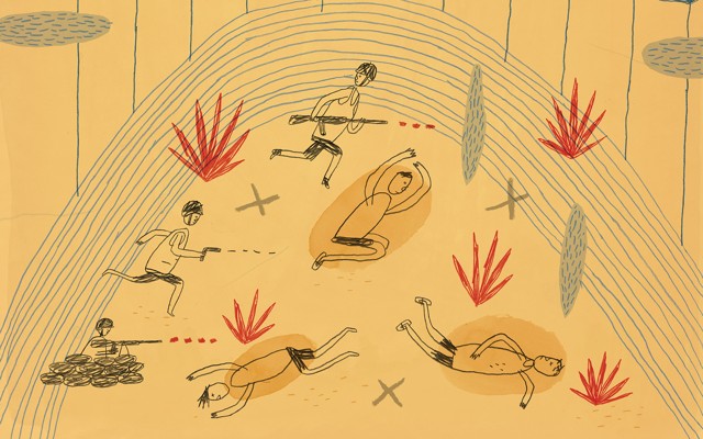 Illustration of three fallen soldiers, two soldiers running with guns, and one soldier firing a machine gun over a barricade.