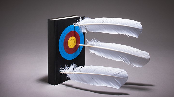 Feathers lodged in a book with a target painted on the cover.