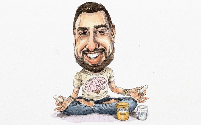 Sketch of a young, bearded man sitting cross legged, a pill in each hand and a glass of water at his feet.