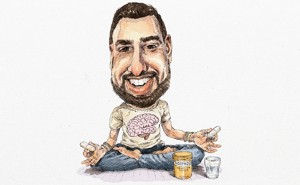 Sketch of a young, bearded man sitting cross legged, a pill in each hand and a glass of water at his feet.