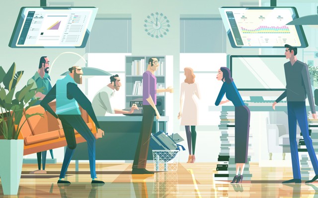 Illustration: journalists working under monitors of traffic statistics.