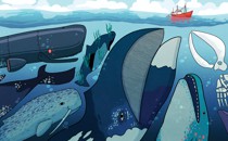 A group of whales and a robot whale crowd the sea. A red ship peacefully sails in the distance.