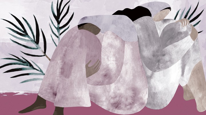 Illustration of women on the floor hugging their legs to their chests.