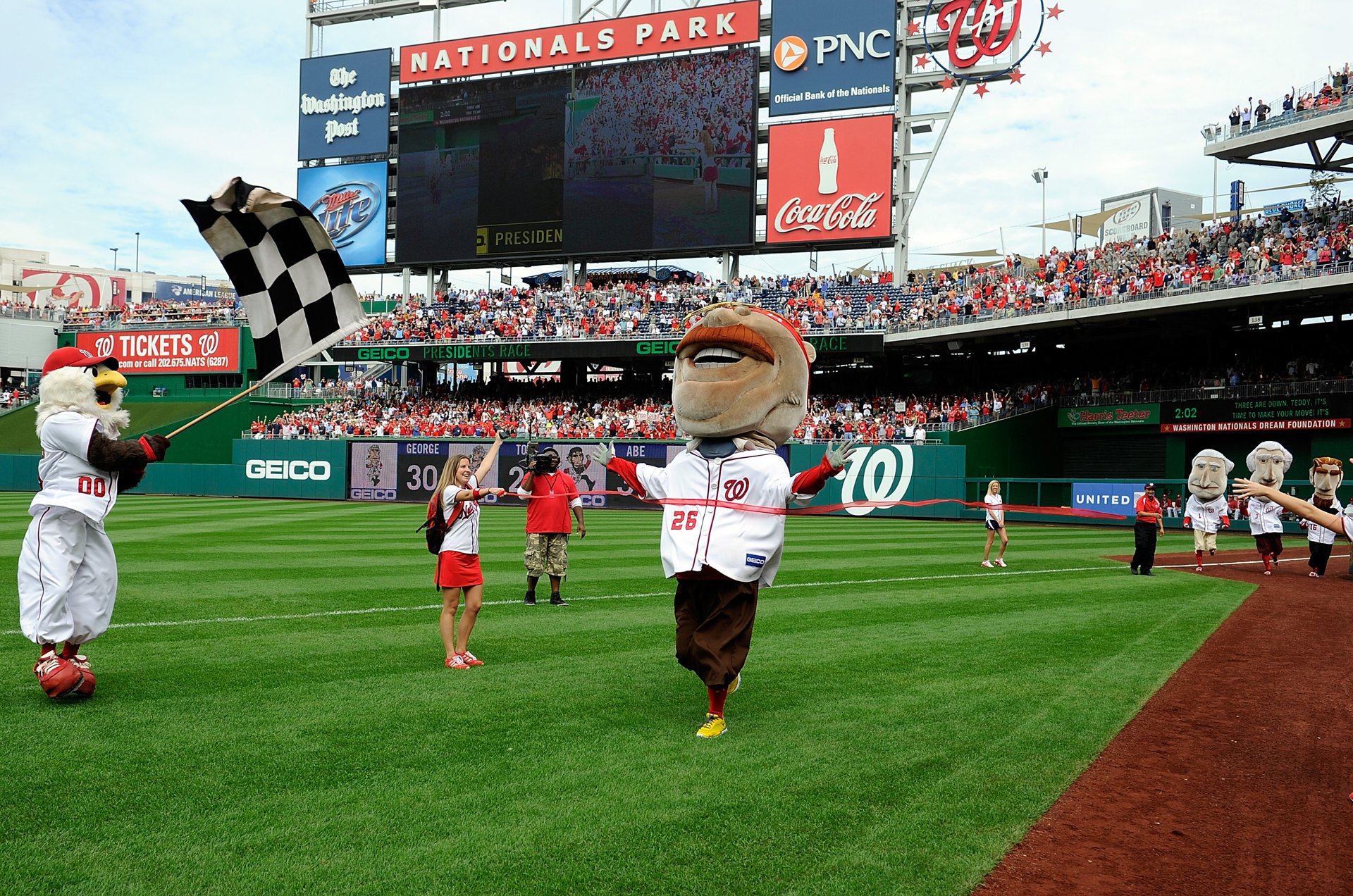 Washington Nationals mascot Teddy Roosevelt wins the presidents' race, a home game tradition at Nationals Park in Washington, D.C.
