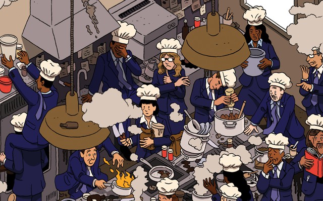 illustration of chefs in a crowded kitchen