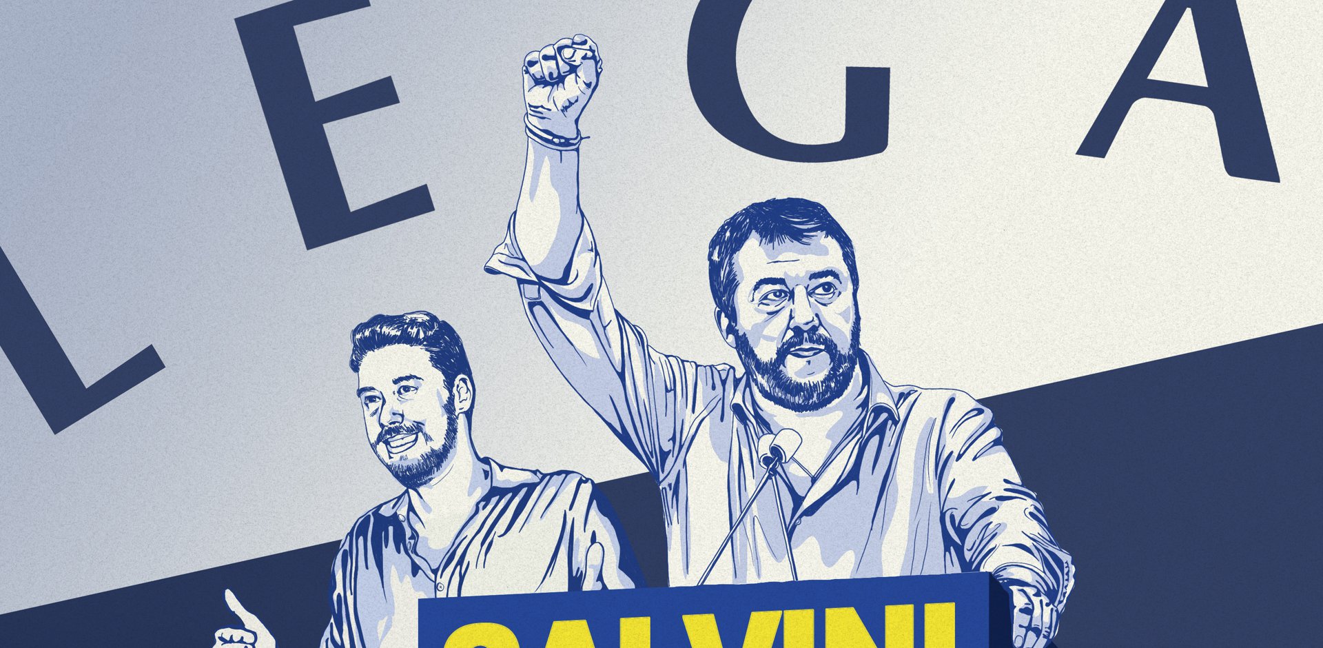 An illustration of Matteo Salvini and Luca Tocallini standing behind a lectern and in front of their party's flag.