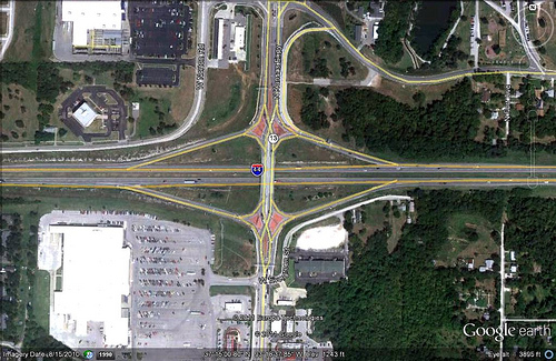 a 'diverging diamond' interchange near Springfield, MO (via Google Earth)