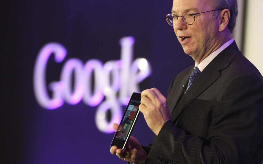 With Google selling hardware like its Nexus 7 tablet more or less at cost, the company remains dependent on advertising. Eric Schmidt with Nexus 7 tablet