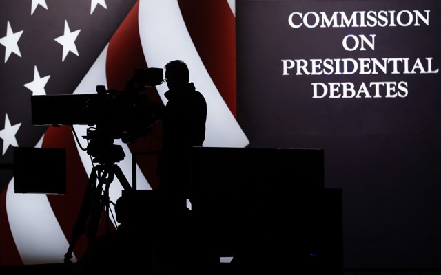 A television camera operator tests his position Tuesday during a rehearsal for the third presidential debate between Republican presidential nominee Donald Trump and Democratic presidential nominee Hillary Clinton at UNLV in Las Vegas. 