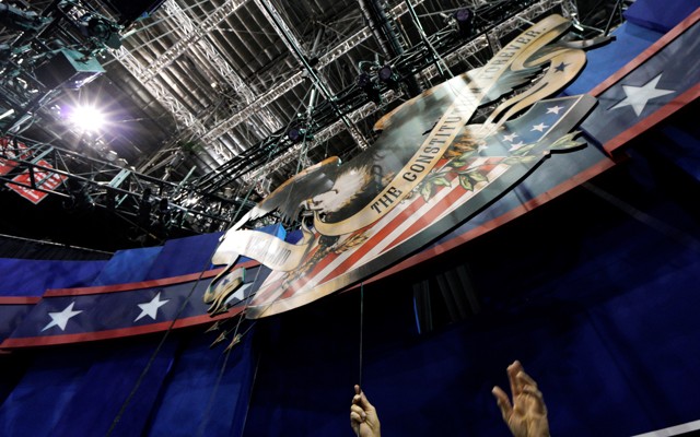 A television camera operator tests his position Tuesday during a rehearsal for the third presidential debate between Republican presidential nominee Donald Trump and Democratic presidential nominee Hillary Clinton at UNLV in Las Vegas. 