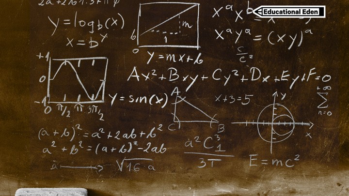 A chalkboard with various math equations and the "Educational Eden" series tag in the corner