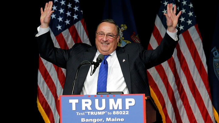 Governor Paul LePage introduces Donald Trump at a rally in Bangor, Maine, in June.