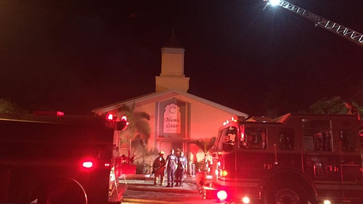 Firefighters respond to a fire set at the Islamic Center of Fort Pierce.
