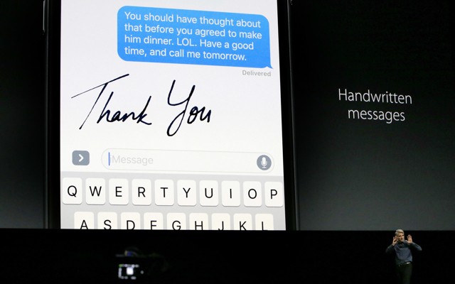 Craig Federighi, Apple’s senior vice president of software, announces new iMessage features at a developer event in June.