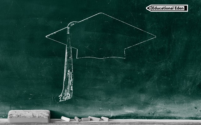 A green chalkboard with a sketched outline of a graduation cap and tassel. Pieces of chalk and an eraser are on the ledge of the chalkboard.