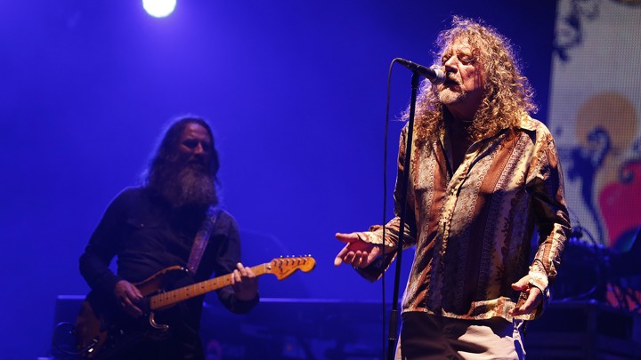 Robert Plant, lead singer of Led Zeppelin, performing at a concert in Morocco