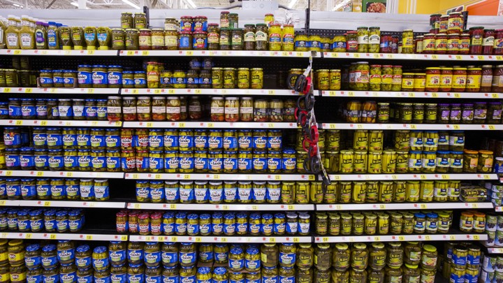 Different brands of pickles are displayed at a Walmart store in Secaucus, New Jersey