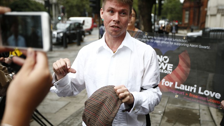 Lauri Love arrives for his extradition hearing at Westminster Magistrates’ Court in London.