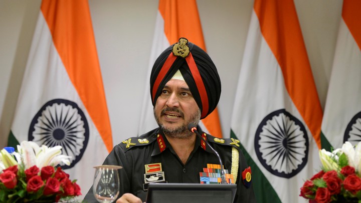 Lieutenant General Ranbir Singh, the Indian army's director general of military operations, addresses the media in New Delhi, India, on Thursday.