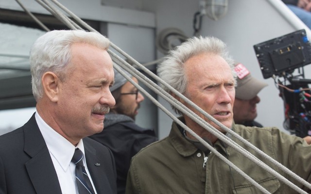 Tom Hanks and Clint Eastwood on the set of <em>Sully</em>