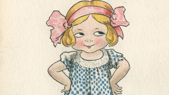 A little girl stands smiling with her hands on her hips in this 1915 pro-suffrage postcard, illustrated by Bernhardt Wall.