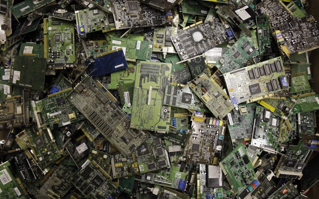 Electronic circuit boards are strewn about. 