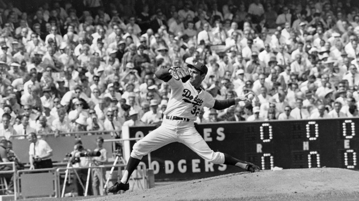 Sandy Koufax throws a pitch against the Baltimore Orioles in a World Series game in Los Angeles on October 6, 1966.