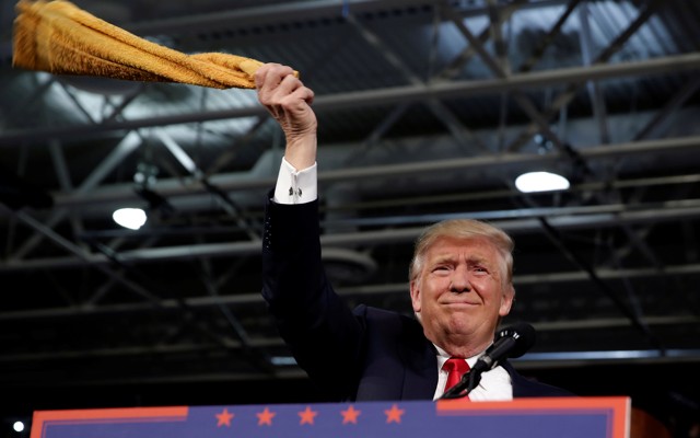 Donald Trump waves a "Terrible Towel" during a rally in Ambridge, Pennsylvania.