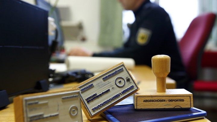 An illustration picture shows deportation stamps which are used by the German federal police "Bundespolizei" to stamp ID documents of rejected asylum seekers, in Rosenheim, southern Germany, January 25, 2016.