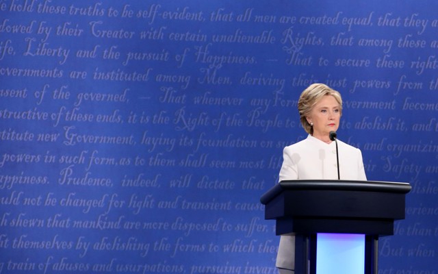 Hillary Clinton stands at the lectern during the third and final 2016 presidential campaign debate. 