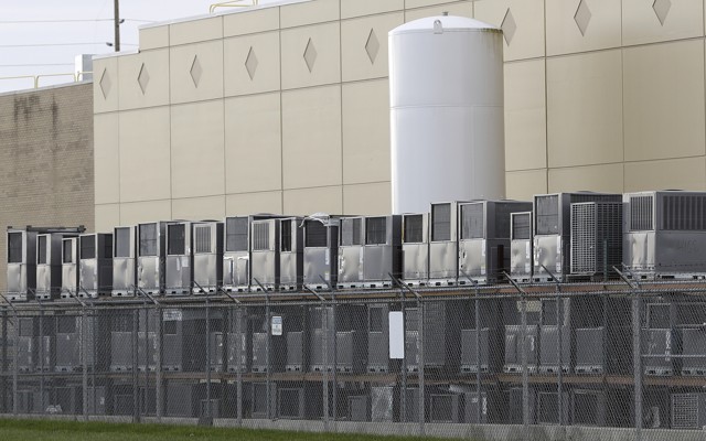 Air conditioners stacked outside a Carrier factory in Indianapolis, Indiana