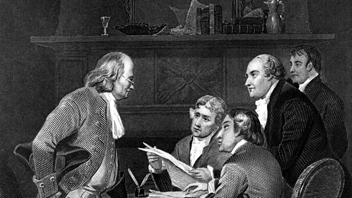 A black and white sketch of Benjamin Franklin, Thomas Jefferson, John Adams, Philip Livingston, and Roger Sherman drafting the Declaration of Independence.