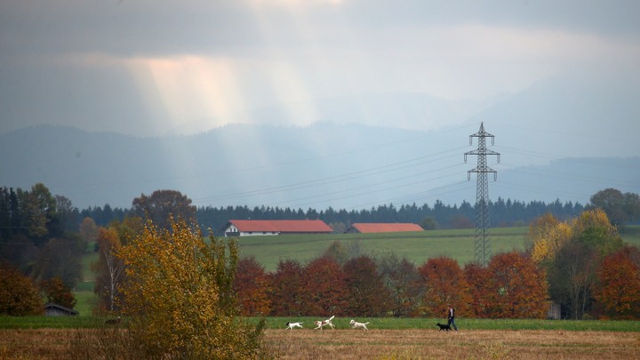 A man walks his dog through farmland in a field near Holzkirchen, in the south of Germany.
